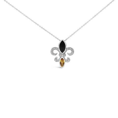 .925 Sterling Silver Marquise Onyx and Citrine and Diamond Accent Fleur De Lis Pendant Necklace (H-I Color, SI1-SI2 Clarity) - 18