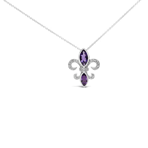 .925 Sterling Silver Purple Amethyst Marquise and Diamond Accent Fleur De Lis Pendant Necklace (H-I Color, SI1-SI2 Clarity) - Size 18