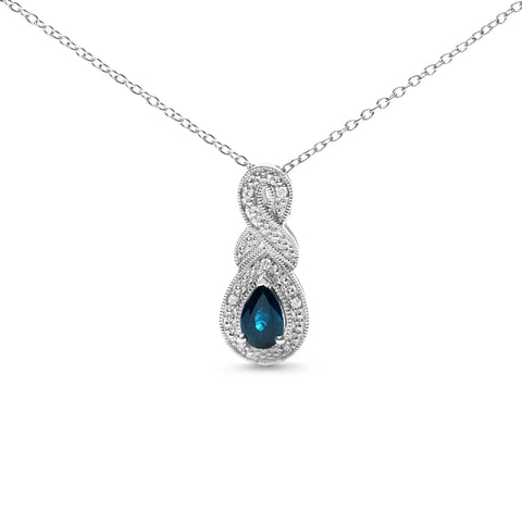 .925 Sterling Silver 6x4mm Pear Sapphire and Diamond Accent Infinity Drop 18