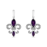 .925 Sterling Silver Marquise Cut Amethyst and Diamond Accent Fleur De Lis Dangle Stud Earrings (H-I Color, SI1-SI2 Clarity)