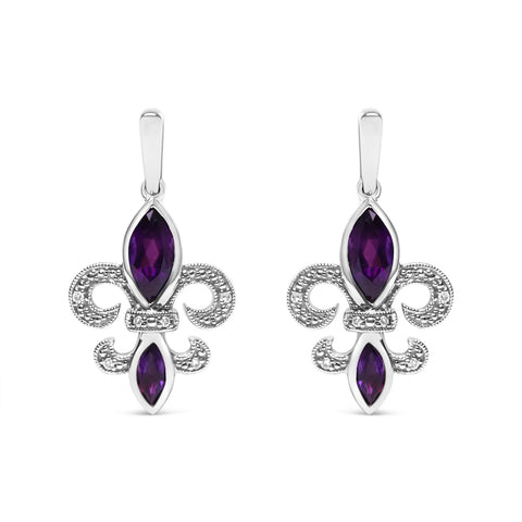 .925 Sterling Silver Marquise Cut Amethyst and Diamond Accent Fleur De Lis Dangle Stud Earrings (H-I Color, SI1-SI2 Clarity)