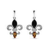 .925 Sterling Silver Marquise Cut Onyx and Citrine with Diamond Accent Fleur De Lis Drop Stud Earrings (H-I Color, SI1-SI2 Clarity)