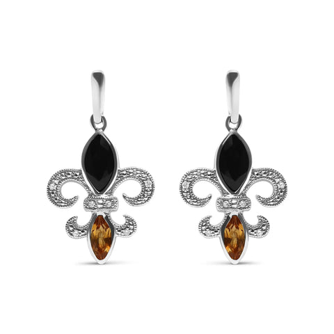 .925 Sterling Silver Marquise Cut Onyx and Citrine with Diamond Accent Fleur De Lis Drop Stud Earrings (H-I Color, SI1-SI2 Clarity)