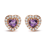 18K White and Rose Gold 1/6 Cttw Diamond and 4mm Heart Cut Purple Amethyst Gemstone Halo Heart Stud Earrings (G-H Color, SI1-SI2 Clarity)