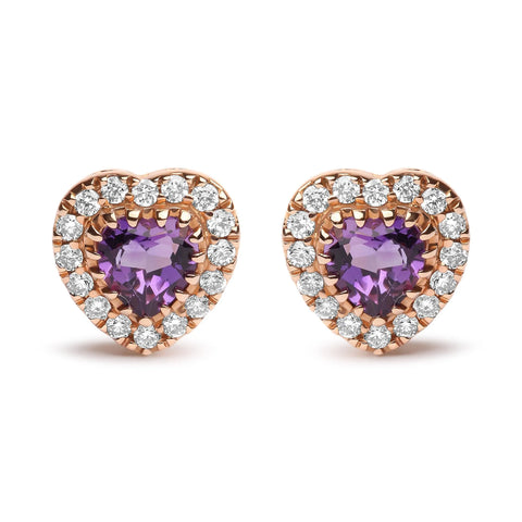 18K White and Rose Gold 1/6 Cttw Diamond and 4mm Heart Cut Purple Amethyst Gemstone Halo Heart Stud Earrings (G-H Color, SI1-SI2 Clarity)