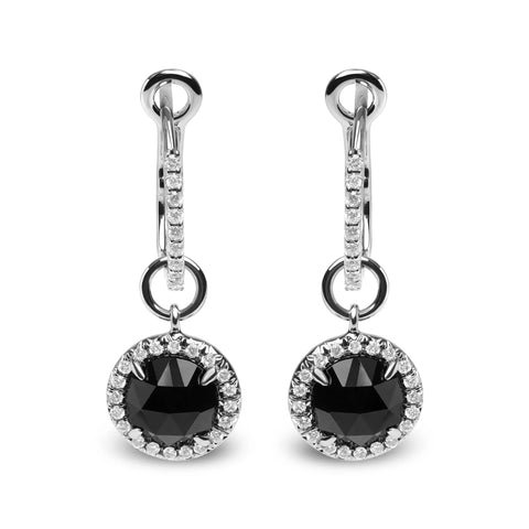 18K White Gold 1/3 Cttw Diamond and 7mm Round Black Onyx Gemstone Halo Dangle Hoop Earrings (G-H Color, SI1-SI2 Clarity)