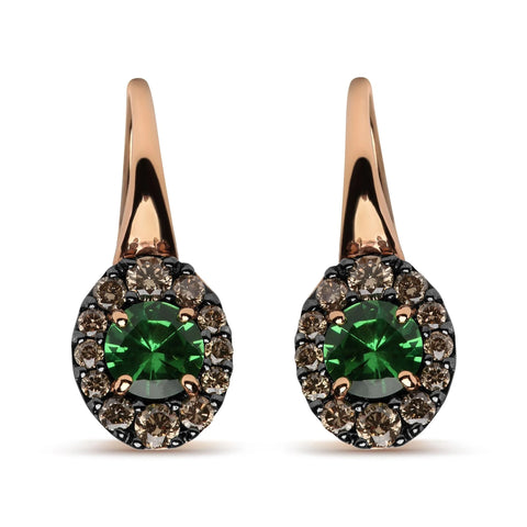 18K Rose and White Gold 3/8 Cttw Round Brown Diamonds and Round Green Tsavorite Gemstone Halo Drop Hoop Earrings (Brown Color, SI1-SI2 Clarity)