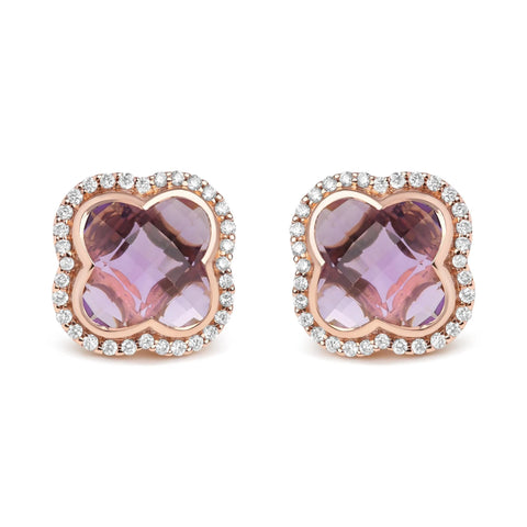 18K Rose Gold 3/8 Cttw Diamond and 11x11mm Clover-Cut Purple Amethyst Gemstone Clover Halo Stud Earrings (G-H Color, SI1-SI2 Clarity)