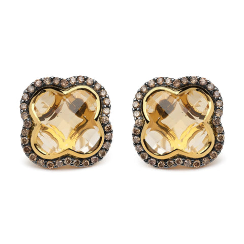 18K Yellow Gold 1/2 Cttw  Brown Diamond and 11x11mm Clover-Cut Yellow Citrine Gemstone Clover Halo Stud Earrings (Brown Color, SI1-SI2 Clarity)