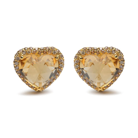 18K Yellow Gold 2/3 Cttw Brown Diamonds and 11x11mm Heart-Cut Yellow Citrine Gemstone Halo Heart Stud Earrings (Brown Color, SI1-SI2 Clarity)