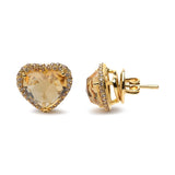 18K Yellow Gold 2/3 Cttw Brown Diamonds and 11x11mm Heart-Cut Yellow Citrine Gemstone Halo Heart Stud Earrings (Brown Color, SI1-SI2 Clarity)