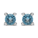 18K White Gold 1/10 Cttw Round Bezel Diamond and 10x10mm Round Sky Blue Topaz Gemstone Stud Earrings (G-H Color, I1-I2 Clarity)