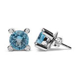 18K White Gold 1/10 Cttw Round Bezel Diamond and 10x10mm Round Sky Blue Topaz Gemstone Stud Earrings (G-H Color, I1-I2 Clarity)