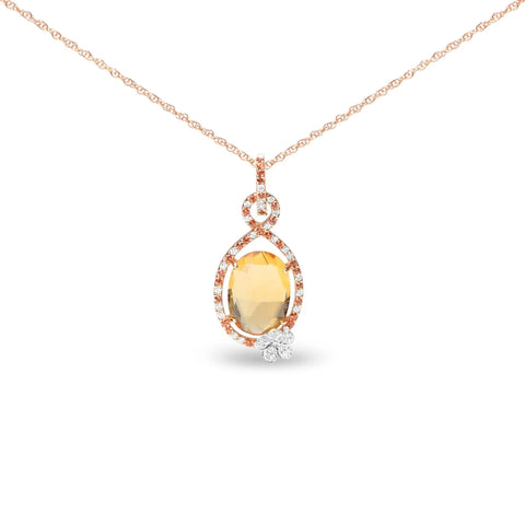 18K Rose Gold 1/5 Cttw Diamond and Oval Yellow Citrine and Round Orange Sapphire Gemstone Openwork Halo Teardrop with Flower Design 18