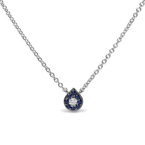 18K White Gold Diamond Accent and 1mm Round Blue Sapphire Gemstone Halo Teardrop Pendant Necklace (G-H Color, SI1-SI2 Clarity)  - Adjustable up to 15.5