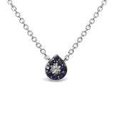 18K White Gold Diamond Accent and 1mm Round Blue Sapphire Gemstone Halo Teardrop Pendant Necklace (G-H Color, SI1-SI2 Clarity)  - Adjustable up to 15.5" - 17"