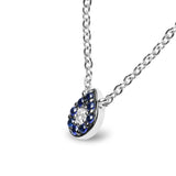 18K White Gold Diamond Accent and 1mm Round Blue Sapphire Gemstone Halo Teardrop Pendant Necklace (G-H Color, SI1-SI2 Clarity)  - Adjustable up to 15.5" - 17"