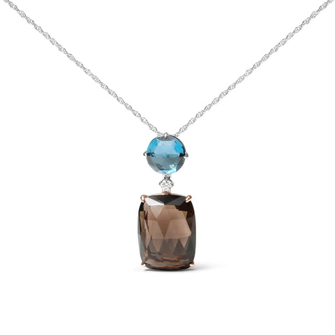 18K Rose and White Gold Diamond Accent and London Blue Topaz and Cushion Cut Smoky Quartz Gemstone Dangle Drop 18