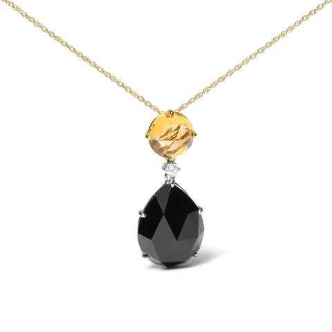 18K White and Yellow Gold Diamond Accent and Round Yellow Citrine and Pear Cut Black Onyx Dangle Drop 18