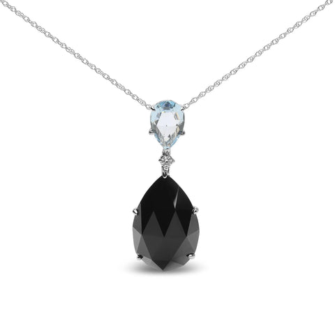 18K White Gold Diamond Accent and Pear Cut Sky Blue Topaz and Pear Cut Black Onyx Dangle Drop 18