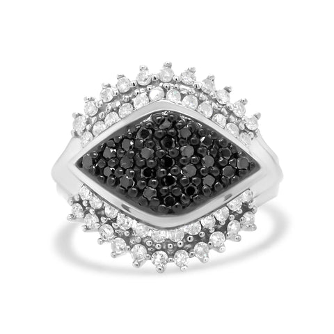 .925 Sterling Siler 1.00 Cttw White and Black Diamond Cluster Evil Eye Ring  (Black and I-J Color, I2-I3 Clarity)