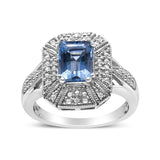 .925 Sterling Silver Diamond Accent and 8X6 mm Emerald-Shape Blue Topaz Ring (I-J Color, I2-I3 Clarity)