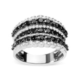 .925 Sterling Silver 1 3/4 Cttw Treated Black and White Alternating Diamond Multi Row Band Ring (Black / I-J Color, I2-I3 Clarity)