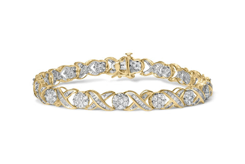 10K Yellow Gold 3.00 Cttw Round-Cut and Baguette-Cut Diamond 'XOXO' Floral Design 7.50