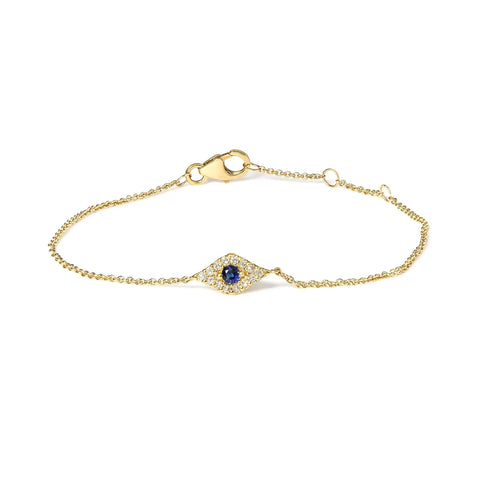 10K Yellow Gold Blue Sapphire and Diamond Accent Evil Eye Station Link Bracelet  (H-I Color, I1-I2 Clarity) - Size 7