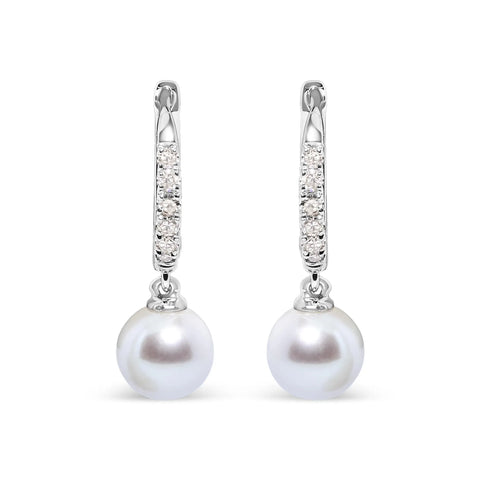 10K White Gold 6x6 MM Cultured Freshwater Pearl and Diamond Accent Drop Huggy Earring (H-I Color, I1-I2 Clarity)