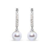 10K White Gold 6x6 MM Cultured Freshwater Pearl and Diamond Accent Drop Huggy Earring (H-I Color, I1-I2 Clarity)