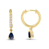 10K Yellow Gold Pear Blue Sapphire and 1/10 Cttw Diamond Drop and Dangle Huggy Hoop Earrings (H-I Color, I1-I2 Clarity)