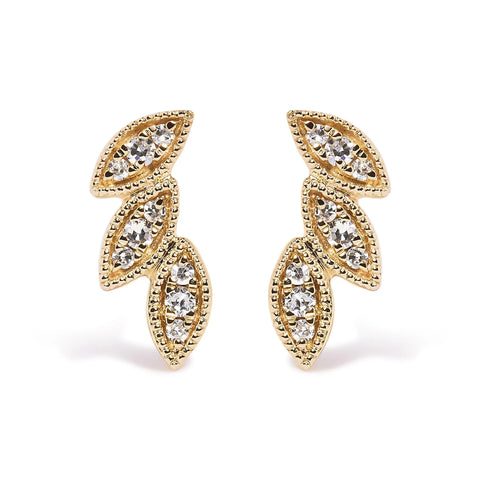 10K Yellow Gold 1/10 Cttw Diamond Triple Leaf Stud Earring (H-I Color, I1-I2 Clarity)