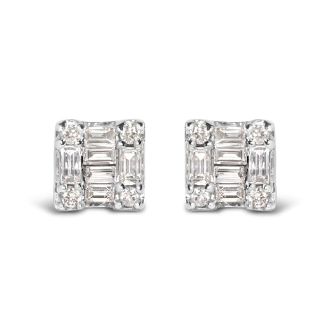 10K White Gold 1/7 Cttw Round and Baguette Diamond Mosaic Square Stud Earrings (H-I Color, I1-I2 Clarity)