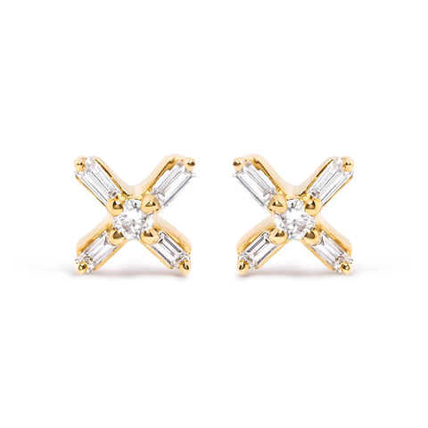 10K Yellow Gold 1/10 Cttw Round and Baguette Diamond Criss Cross X Stud Earring (H-I Color, I1-I2 Clarity)