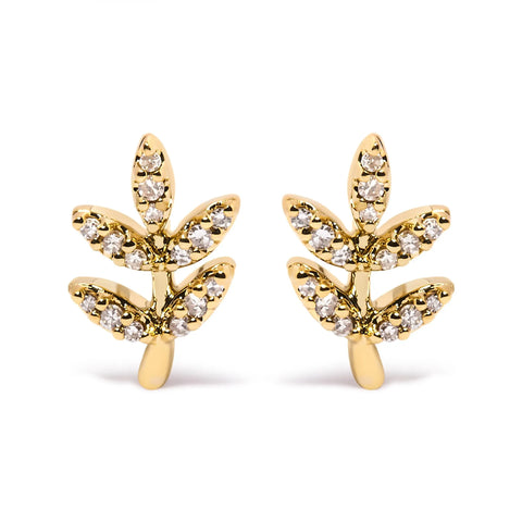 10K Yellow Gold 1/10 Cttw Diamond Accented Leaf and Branch Stud Earrings (H-I Color, I1-I2 Clarity)