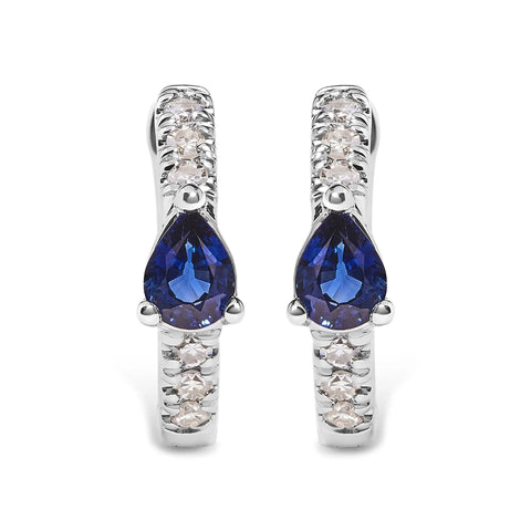 10K White Gold Pear Shaped Blue Sapphire and 1/10 Cttw Diamond Huggy Hoop Earrings (H-I Color, I1-I2 Clarity)