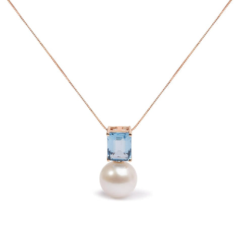 14K Rose Gold 11MM Cultured Freshwater Pearl and 9x7mm Octagon Swiss Blue Topaz Pendant Necklace - 18