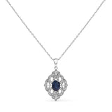 .925 Sterling Silver 7x5 MM Oval Blue Sapphire and Diamond Accent Art Deco Style Shield Shaped 18" Pendant Necklace (I-J Color, I3 Clarity)