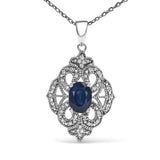 .925 Sterling Silver 7x5 MM Oval Blue Sapphire and Diamond Accent Art Deco Style Shield Shaped 18" Pendant Necklace (I-J Color, I3 Clarity)