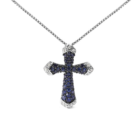 .925 Sterling Silver 3/4 Cttw Created Blue Sapphire and White Diamond Accent Cross Pendant Necklace - 18