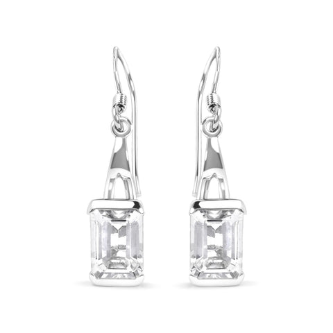 .925 Sterling Silver 3.0 Cttw Emerald Cut White Topaz Solitaire Dangle Earring - AAA Quality