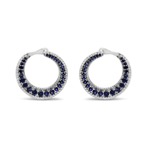 .925 Sterling Silver 2 3/4 Cttw Created Blue Sapphire Crescent Moon Disc Style Hoop Earrings - AAA Quality