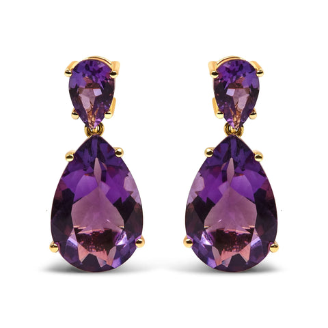 10K Yellow Gold Plated .925 Sterling Silver 12 2/5 Cttw Pear Shaped Purple Brazilian Amethyst Double Dangle and Drop Earring