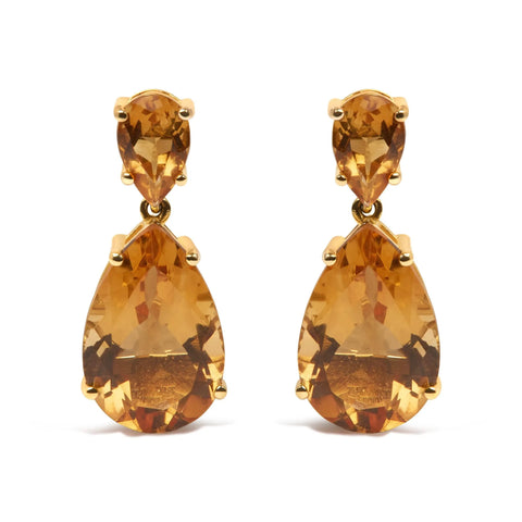 10K Yellow Gold Plated .925 Sterling Silver 12 1/3 Cttw Pear Shaped Orange Citrine Dangle Double Drop Stud Earring