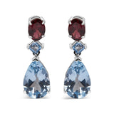 .925 Sterling Silver 10.0 Carat Blue Topaz and Grape Rhodolite Garnet Dangle Drop Earrings 1" Inch Dangle Length