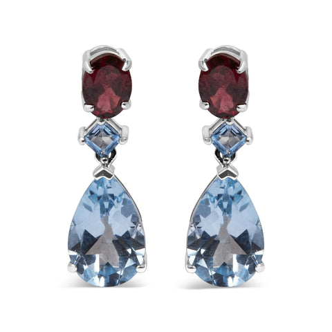 .925 Sterling Silver 10.0 Carat Blue Topaz and Grape Rhodolite Garnet Dangle Drop Earrings 1