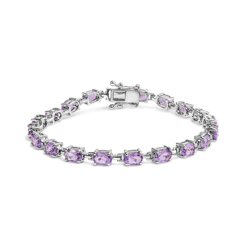 .925 Sterling Silver 8 1/2 Cttw Oval Shaped Purple Amethyst Link Bracelet - 7