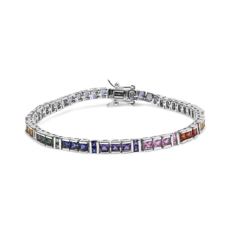 .925 Sterling Silver 12.0 Cttw Multi Colored Princess Cut Gemstone Link Tennis Bracelet (AAA Quality) - 7.25