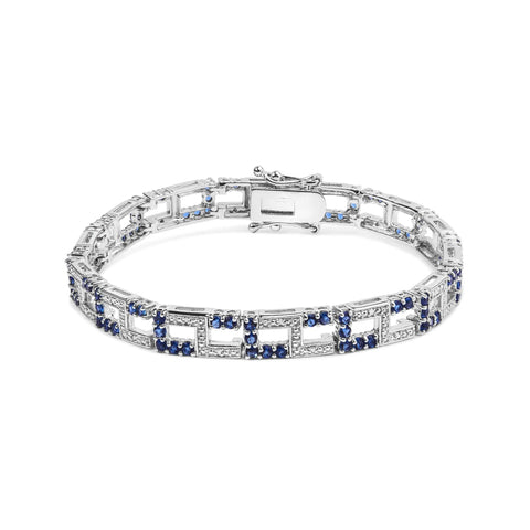 .925 Sterling Silver 4 4/5 Cttw Created Blue Sapphire and Diamond Accent Art Deco Style Open Link Tennis Bracelet (I-J Color, I3 Clarity) - 7.5 inches